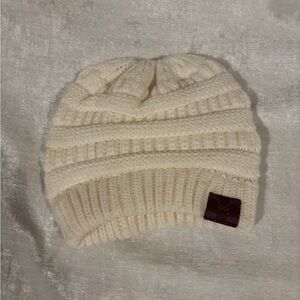 Cozy Cream Knit Beanie with up cycle patch ponytail beanie